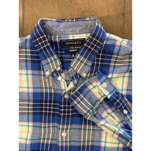Crown & Ivy Men's Shirt M Classic Fit Blue‎ Plaid Long Sleeve Dress Button Down